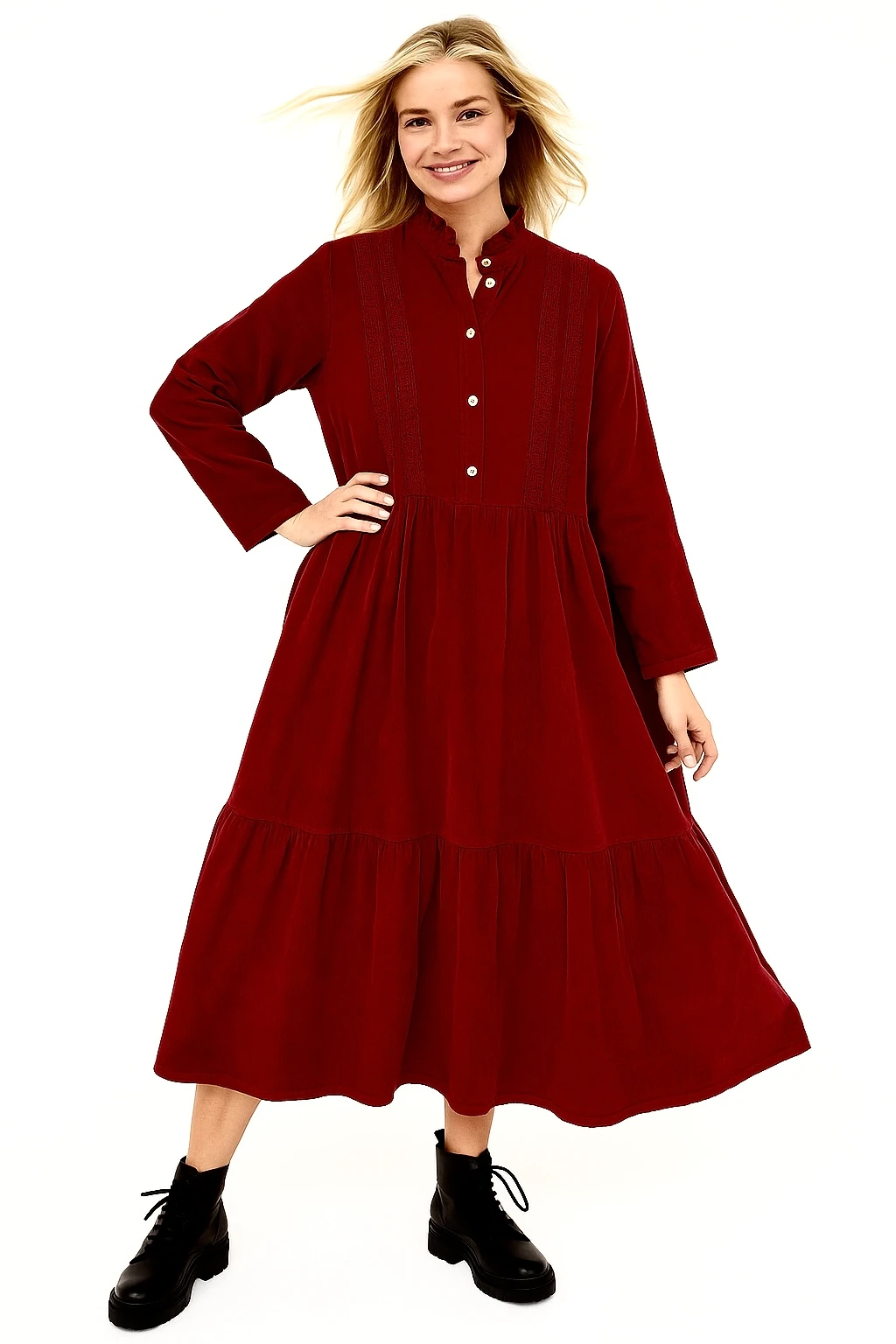 İtalyan Düğme Detaylı Kadife Elbise - BORDO