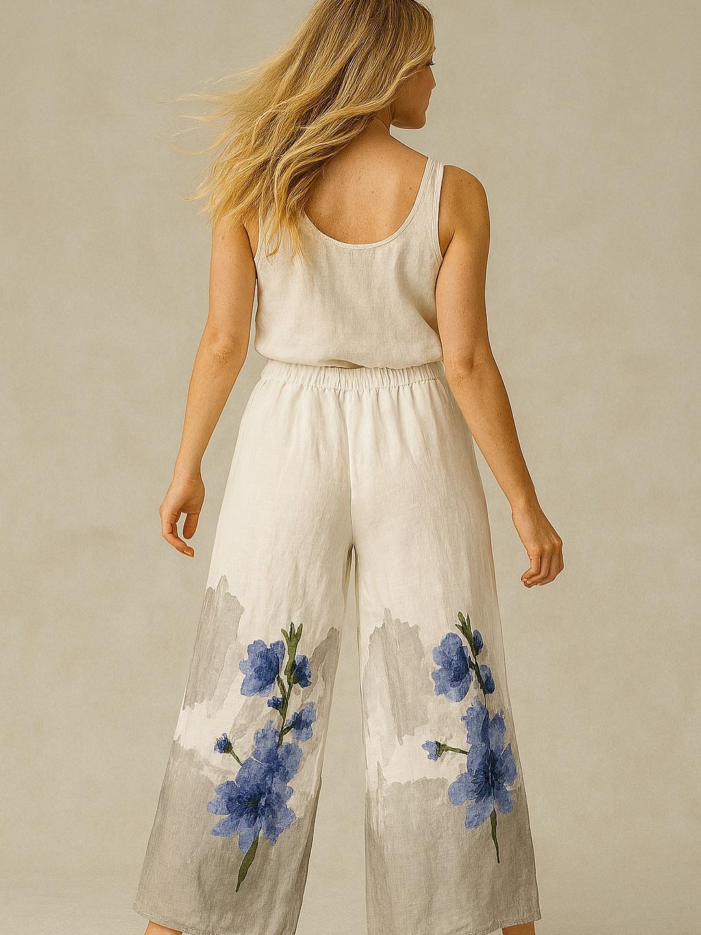 İtalyan Çiçek Desenli Keten Pantolon - BEYAZ