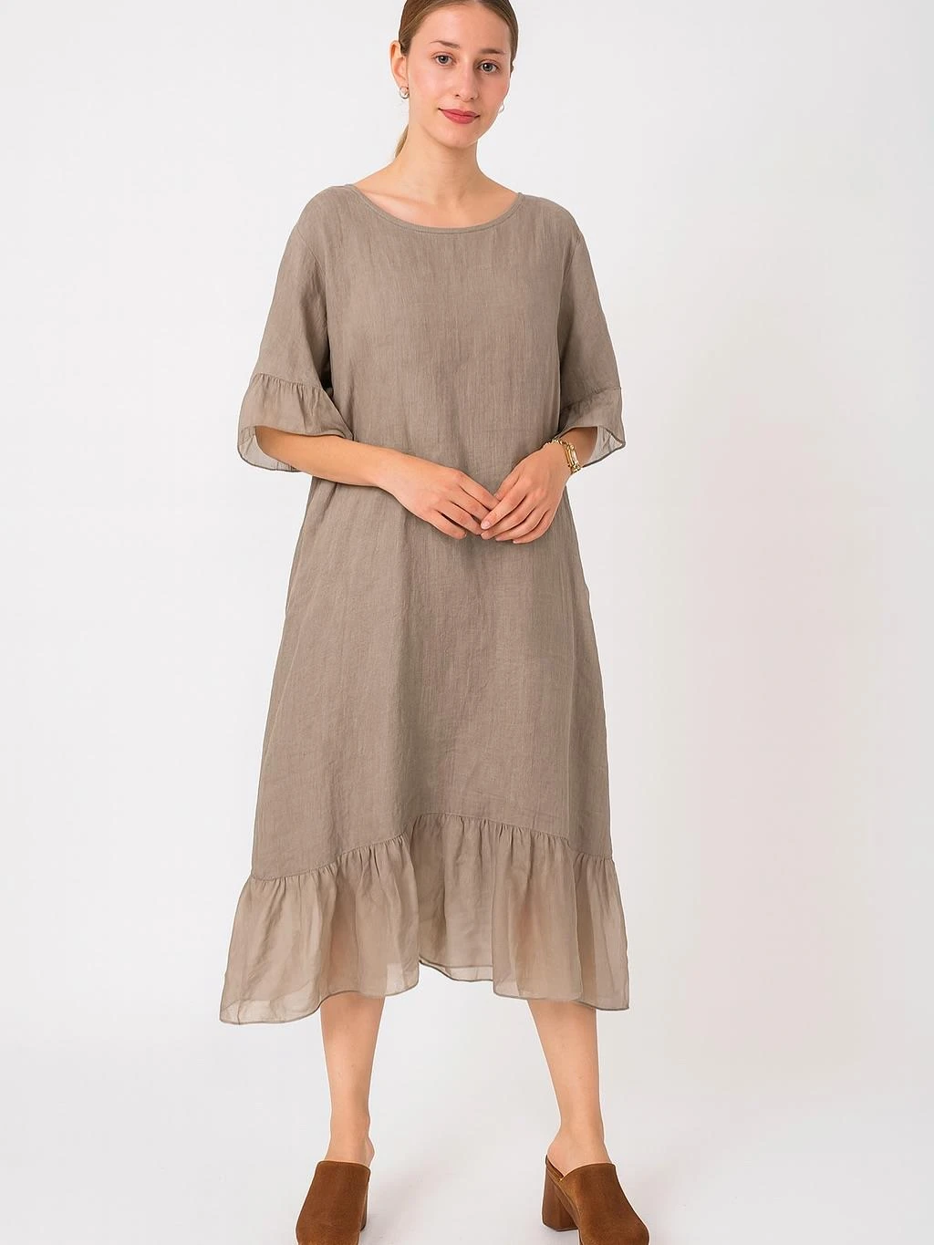 İtalyan Keten İpek Detaylı Elbise - VİZON