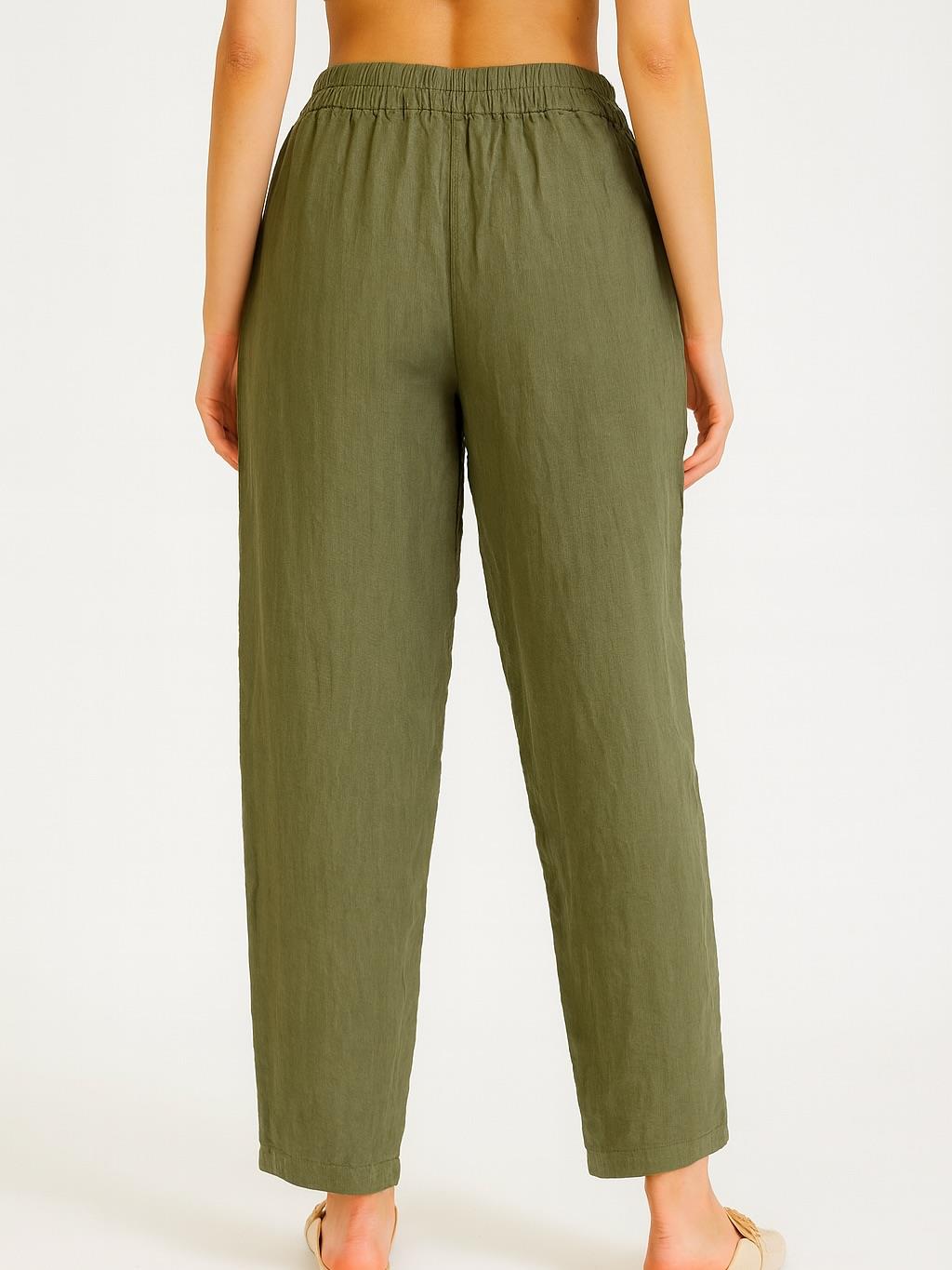 İtalyan Keten Düğme Detaylı Pantolon - HAKİ