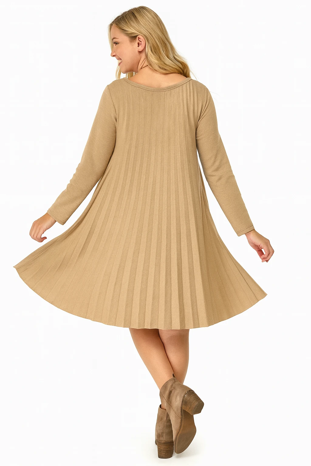 İtalyan Pileli Triko Elbise - BEJ