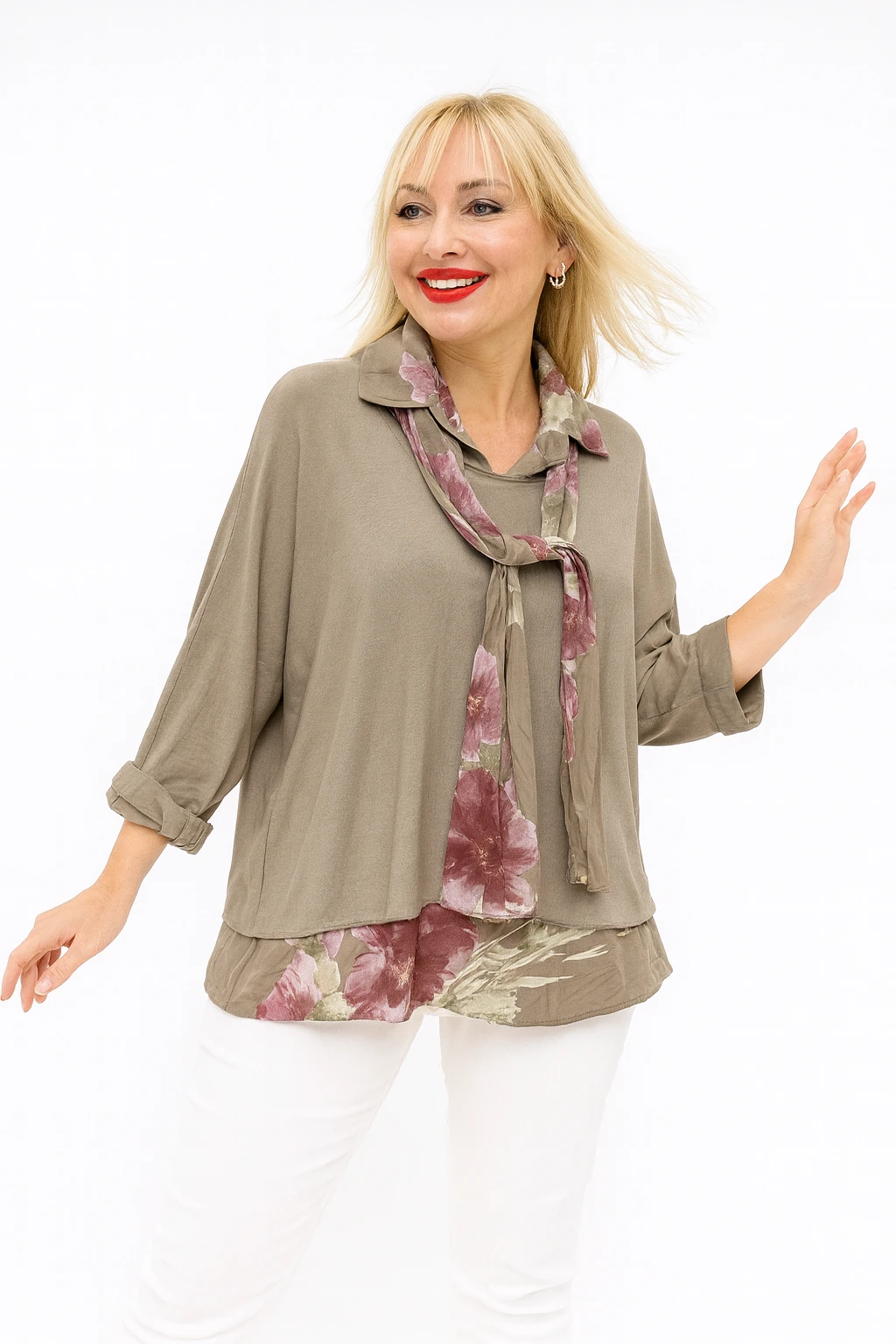 İtalyan Fularlı 3'lü Takım Bluz - VİZON