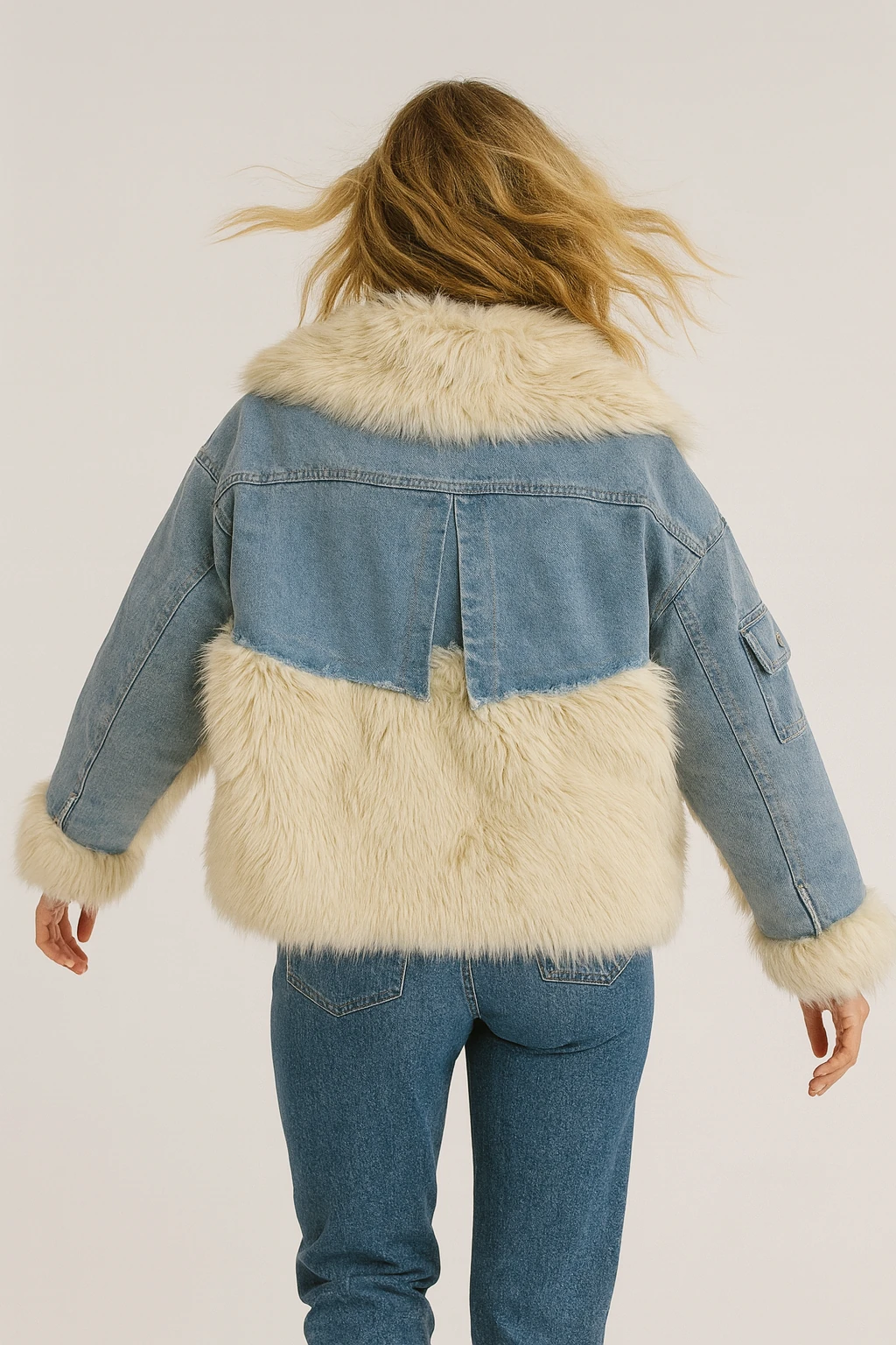 İtalyan Özel Tasarım Kot Detaylı Kürk - MAVİ