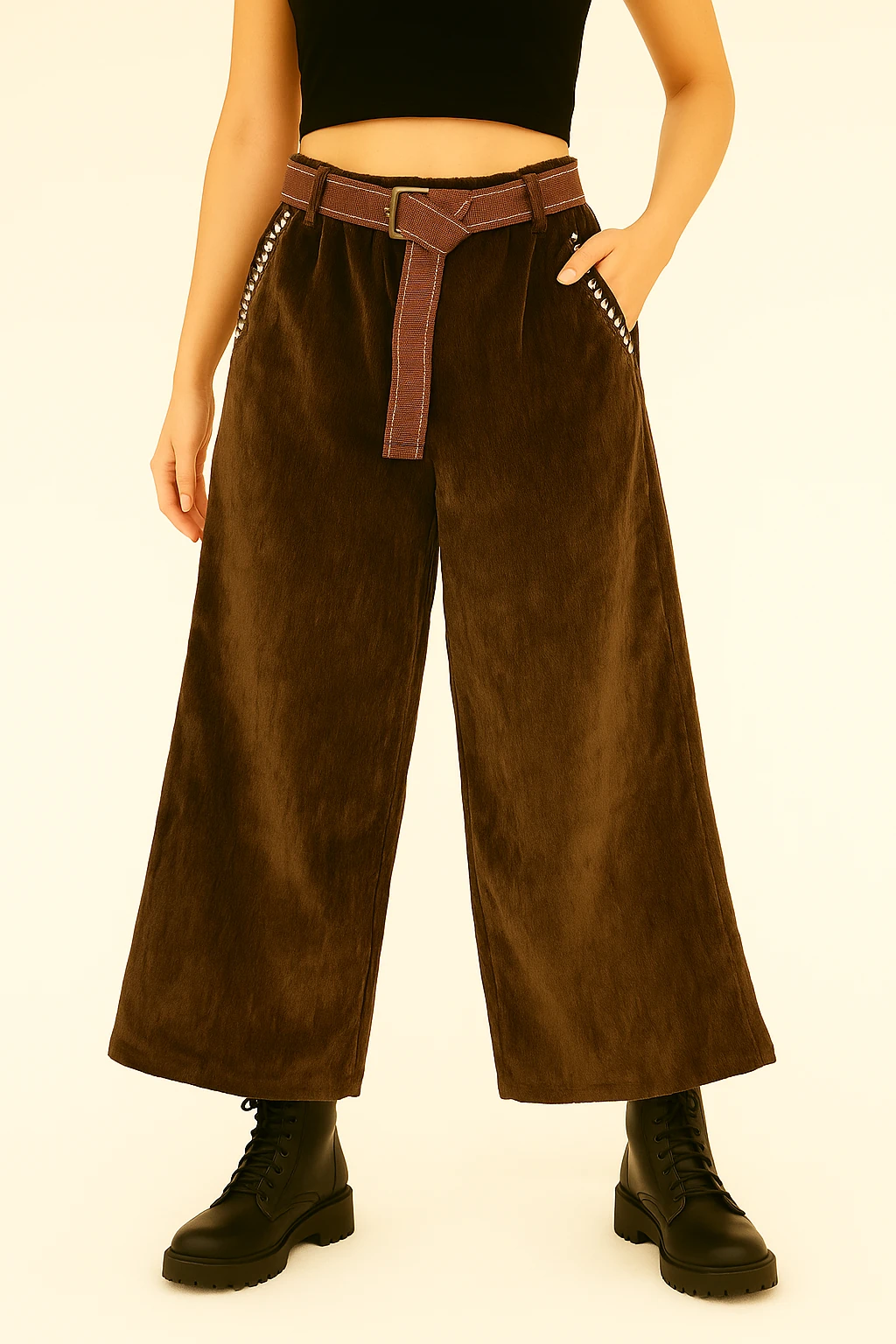 İtalyan Geniş Paça İnce Fitilli Kadife Pantolon - KAHVERENGİ