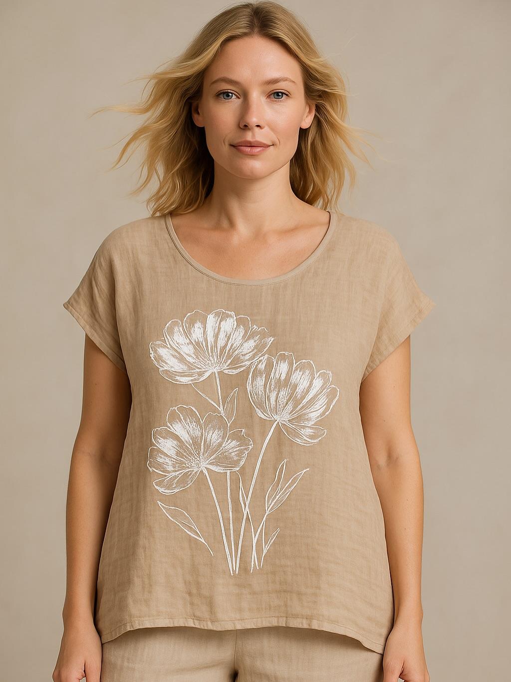 İtalyan Çiçek Desenli Keten Bluz - BEJ