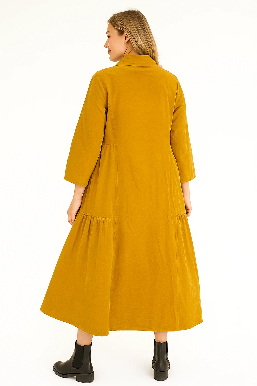 İtalyan Kadife Gömlek Elbise - HARDAL