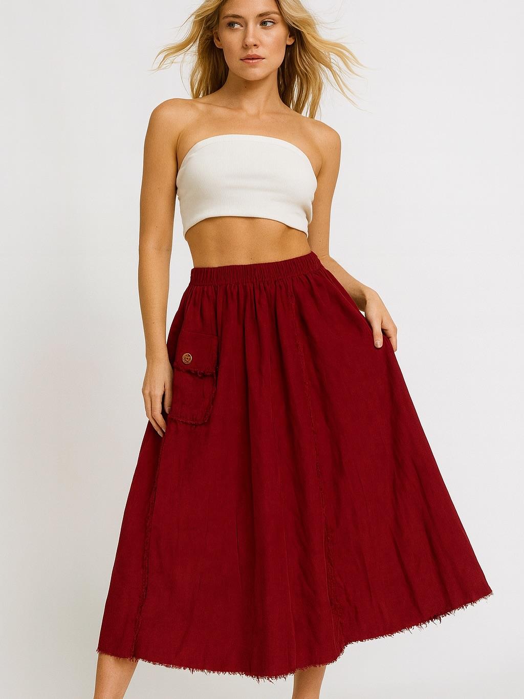 İtalyan Kadife Cepli Etek - BORDO