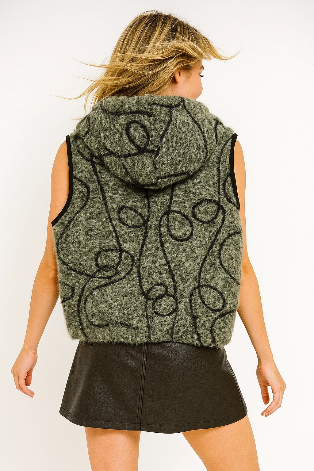 İtalyan Nakış Detaylı Kapüşonlu Keçe Yelek - HAKİ