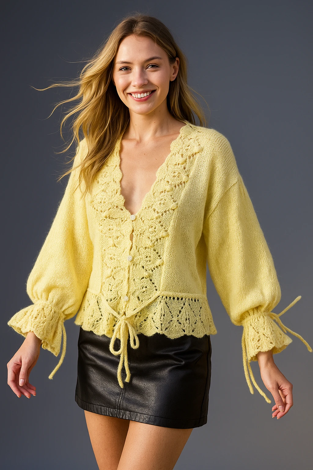 İtalyan Özel Tasarım İp Detaylı Hırka - SARI