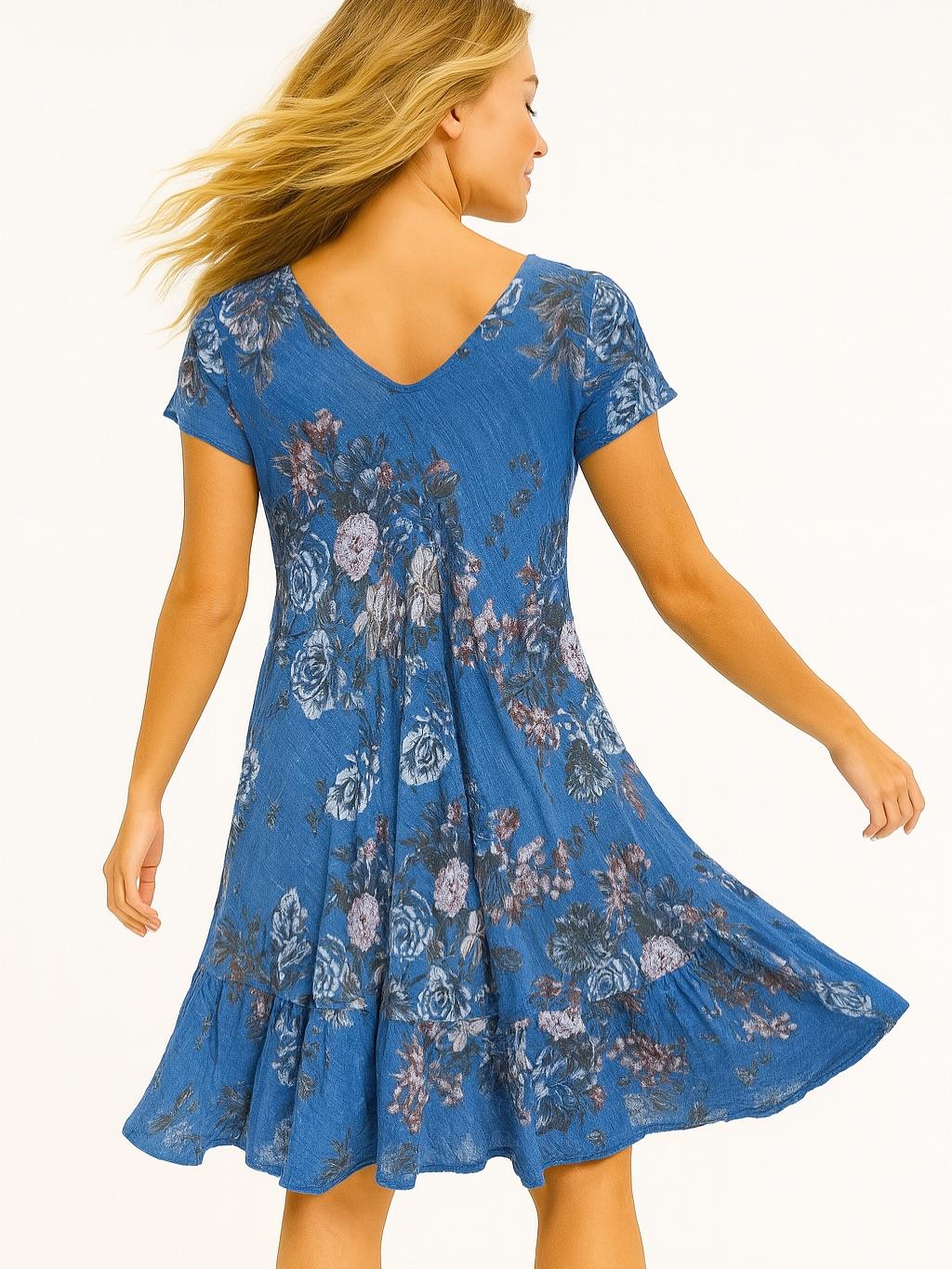 İtalyan Pamuk Keten Elbise - SAKS MAVİ