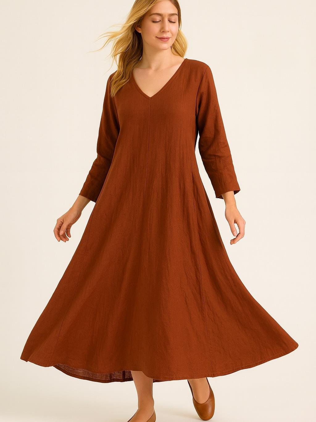 İtalyan Keten V Yaka Elbise - KİREMİT