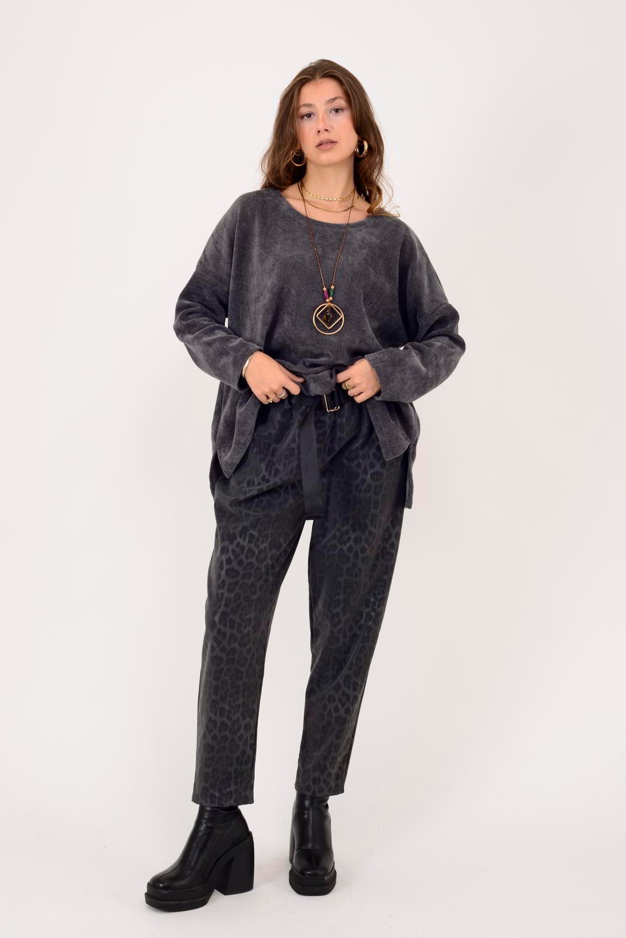 İtalyan Kemer Detaylı Leopar Desenli Pantolon - ANTRASİT