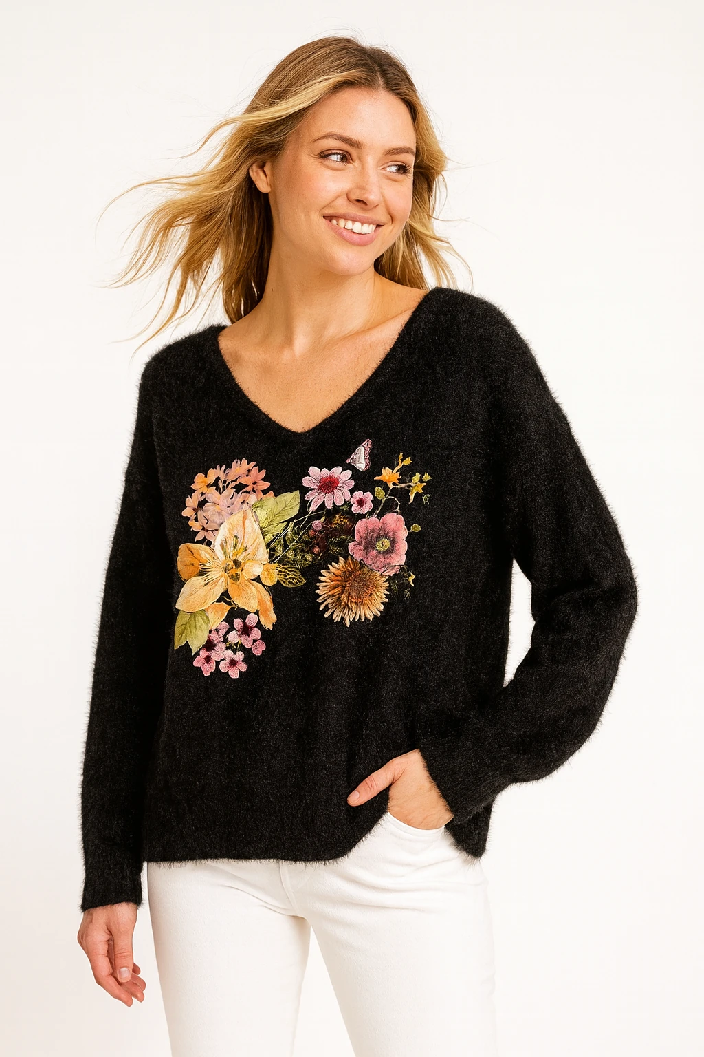 İtalyan Angora Çiçek Desen Kazak - SİYAH