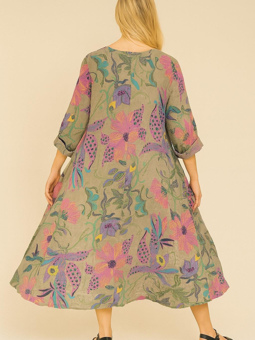 İtalyan Çiçek Desenli Keten Elbise - VİZON