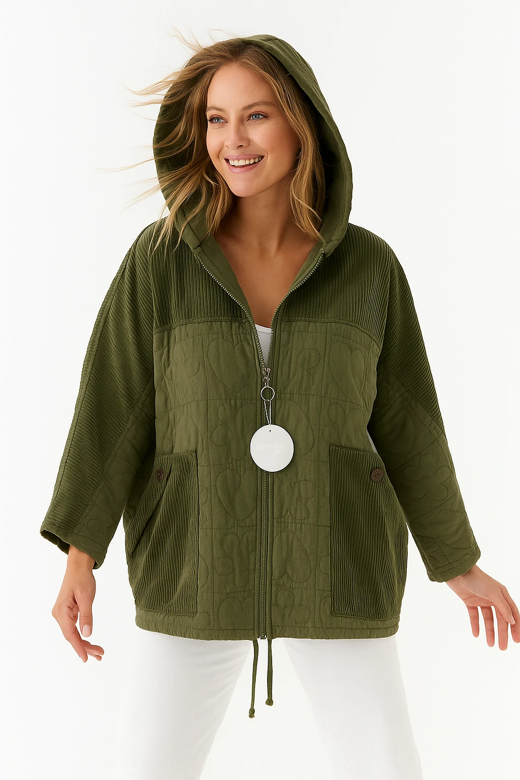 İtalyan Kadife Detaylı Kapitone Ceket - HAKİ