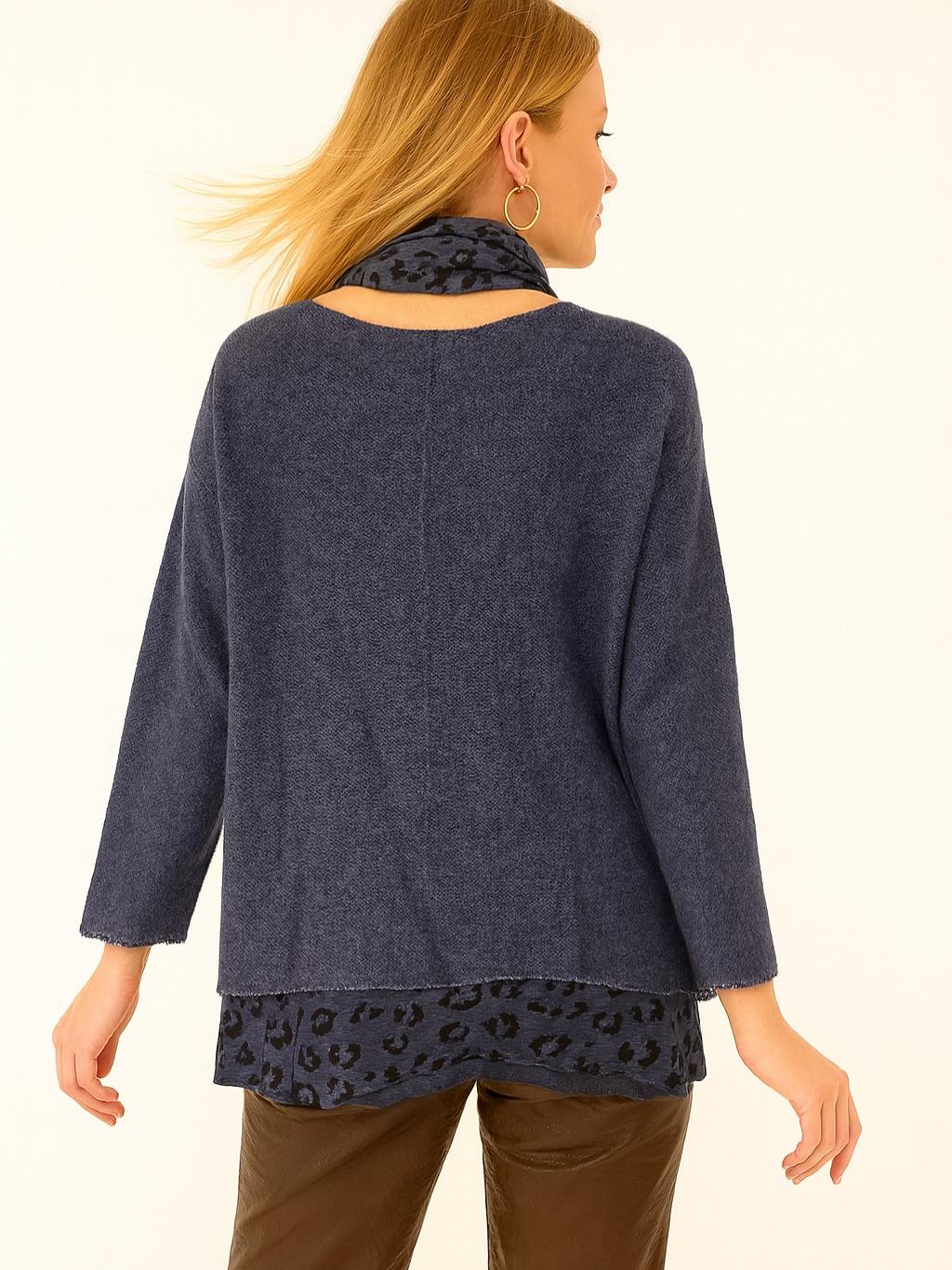 İtalyan Fularlı Triko Takım Bluz - LACİVERT