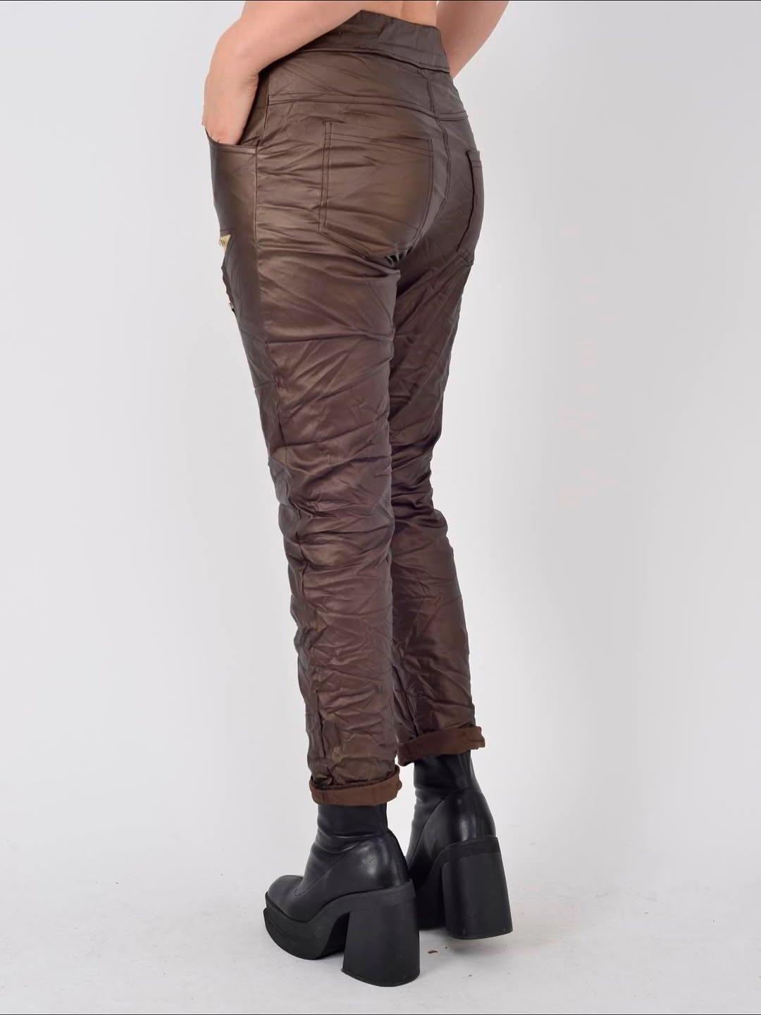 İtalyan Likralı Yıldız Detaylı Deri Pantolon - KAHVERENGİ