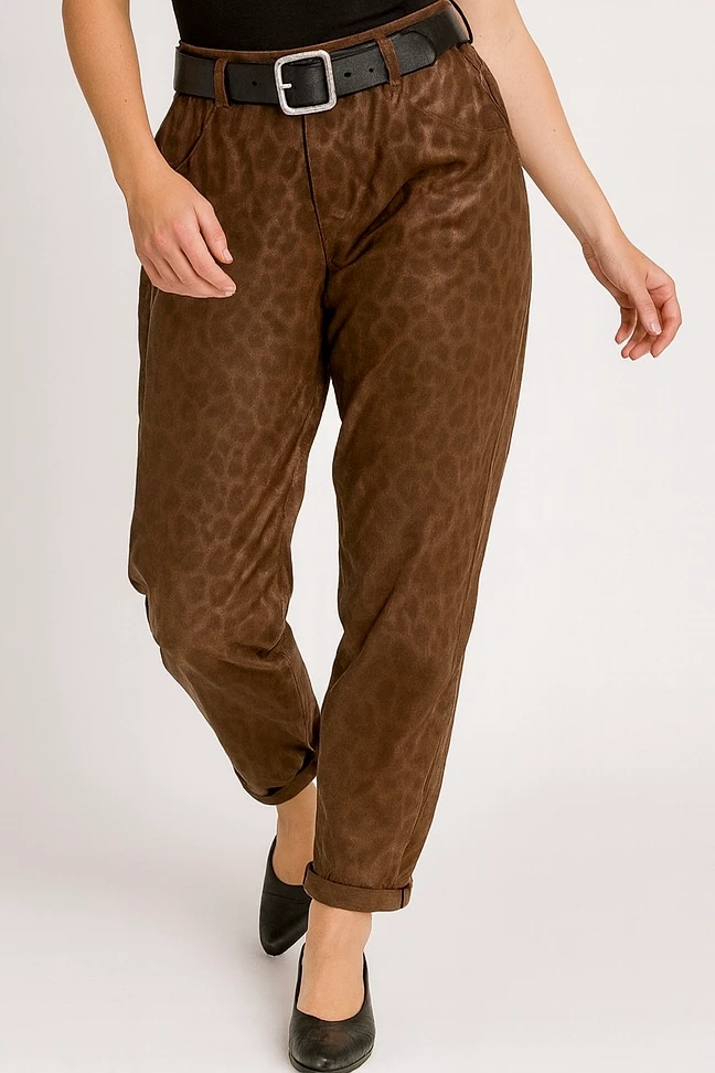 İtalyan Kemer Detaylı Leopar Desenli Pantolon - KAHVERENGİ