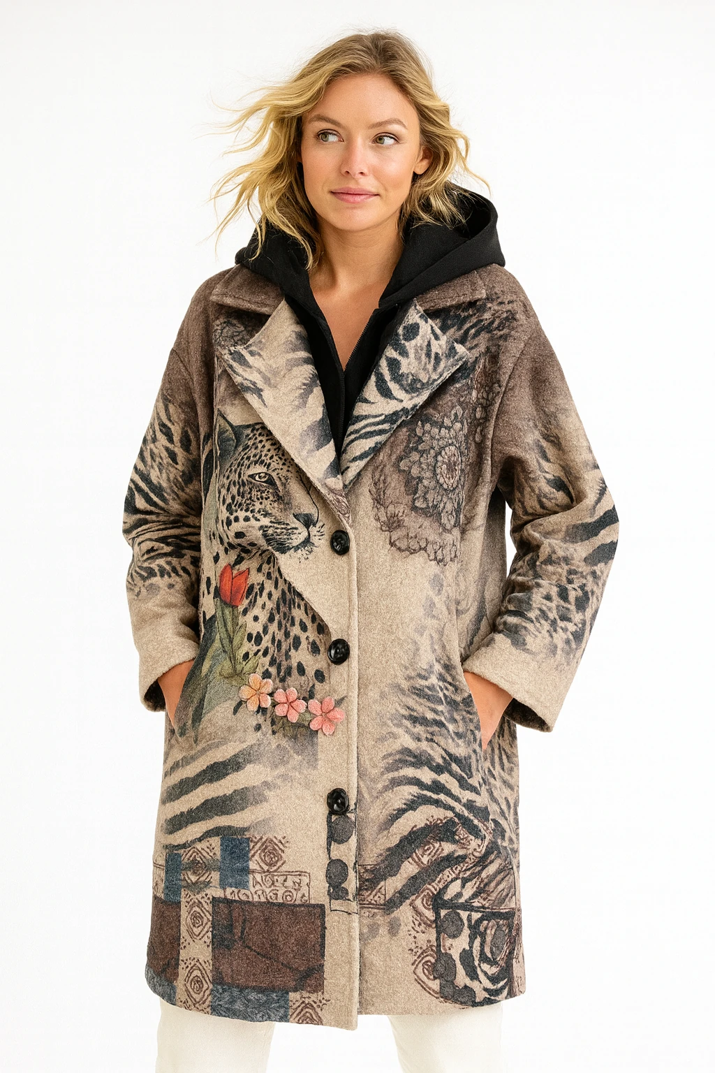 İtalyan Leopar Desenli Kapüşonlu Keçe Kaban - BEJ