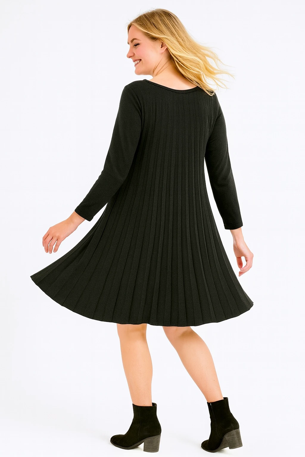 İtalyan Pileli Triko Elbise - SİYAH