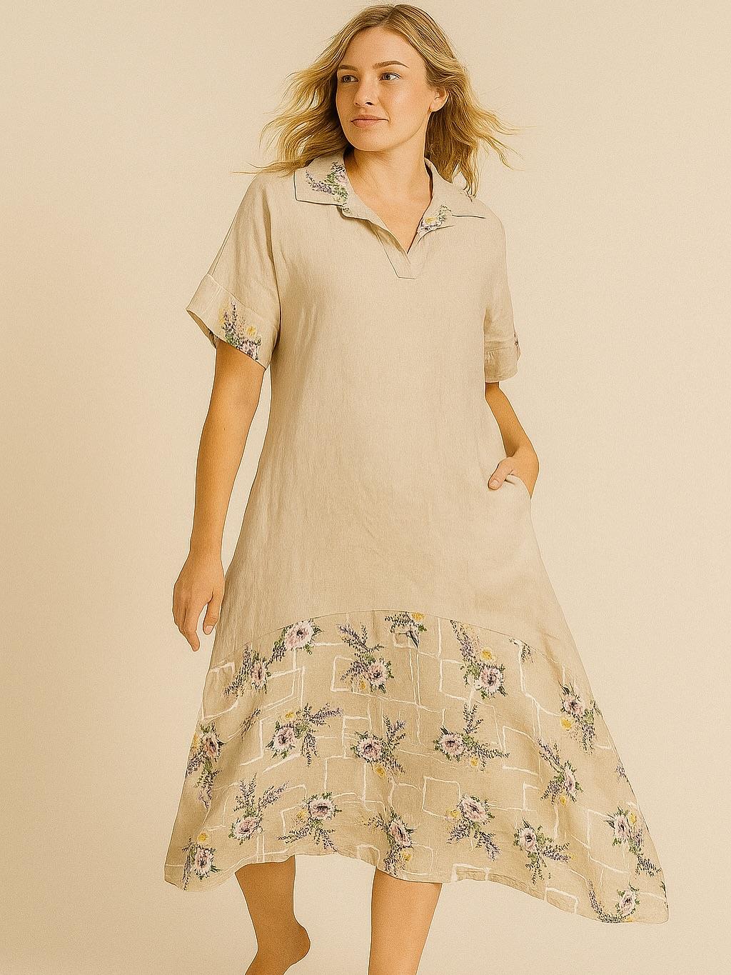 İtalyan Çiçek Desenli Keten Elbise - BEJ