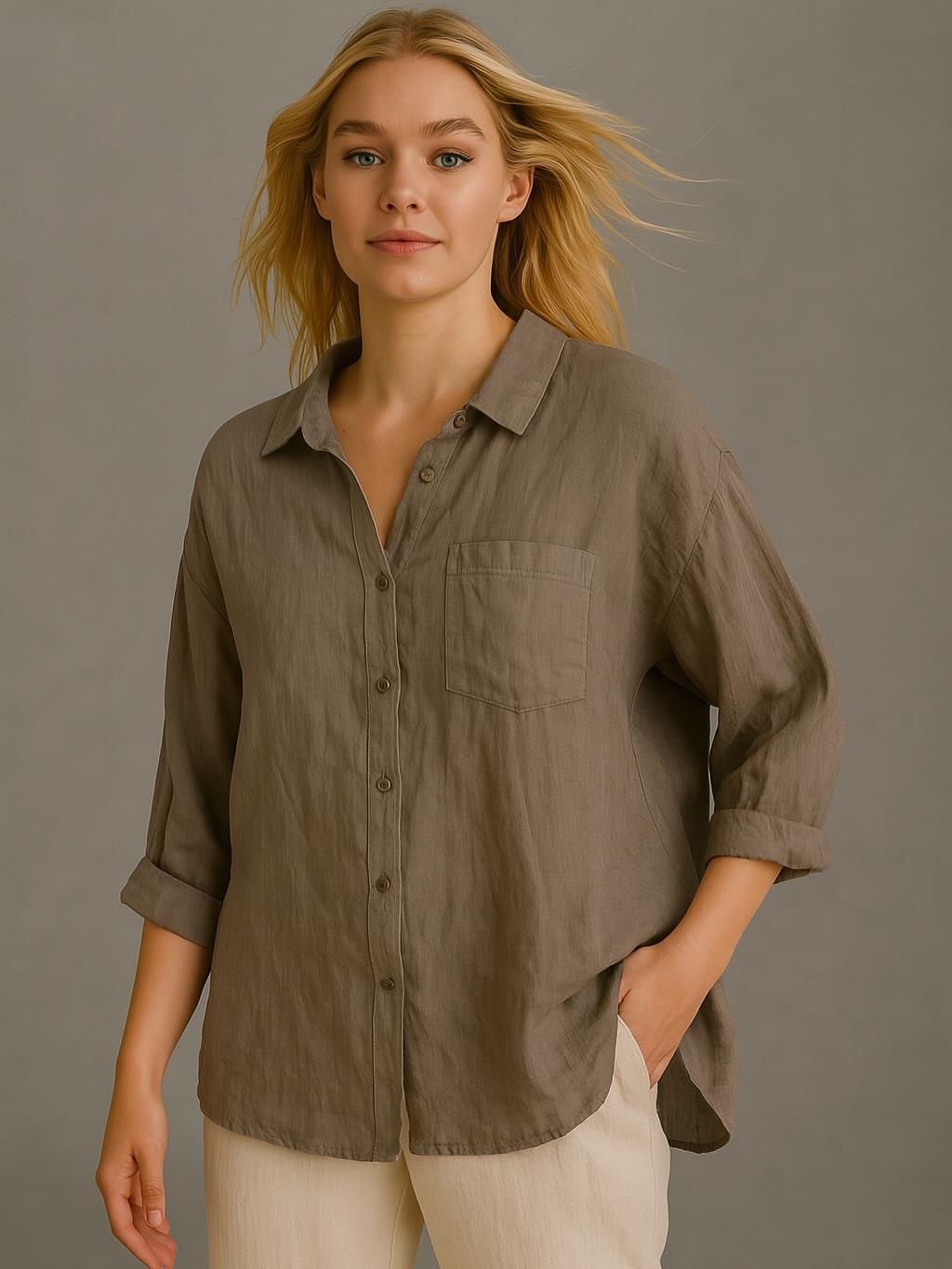 İtalyan Keten Sırt Halka Detaylı Gömlek - VİZON