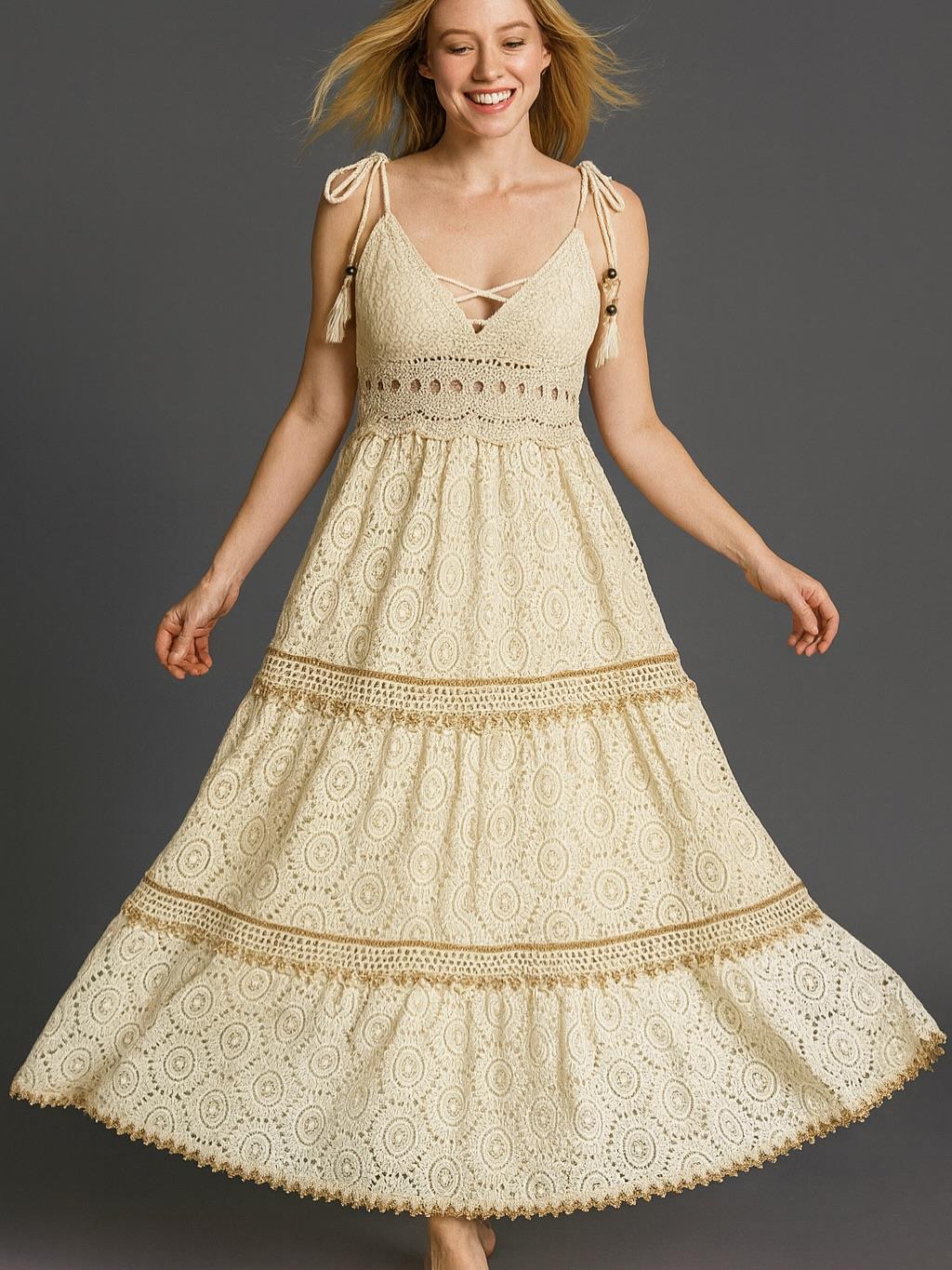 İtalyan Dantel Omuzdan Bağlamalı Elbise - BEJ