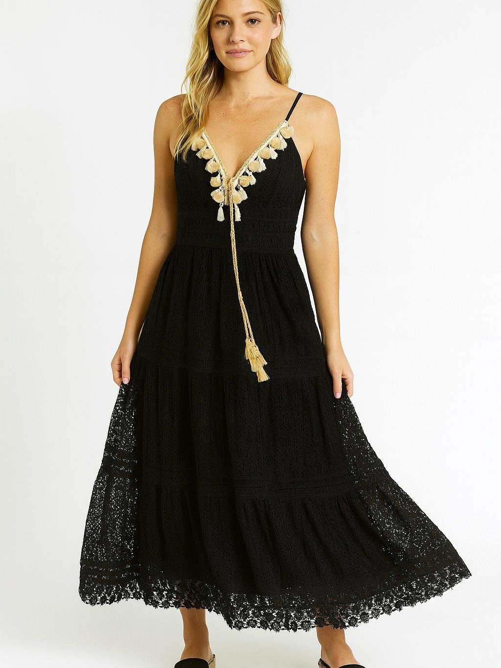 İtalyan Dantel Ponponlu Elbise - SİYAH