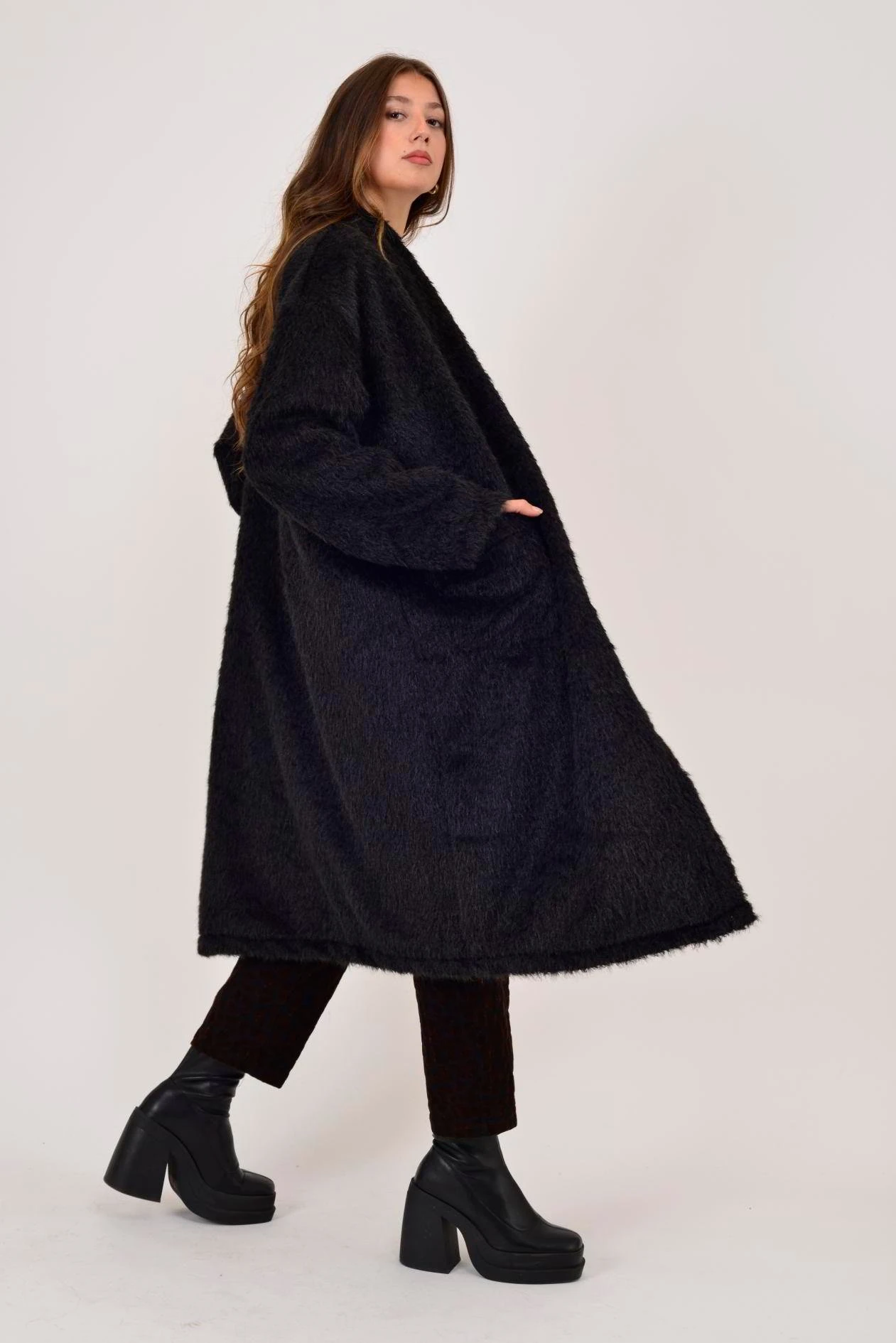 İtalyan Cep Detaylı Keçe Kaban - SİYAH