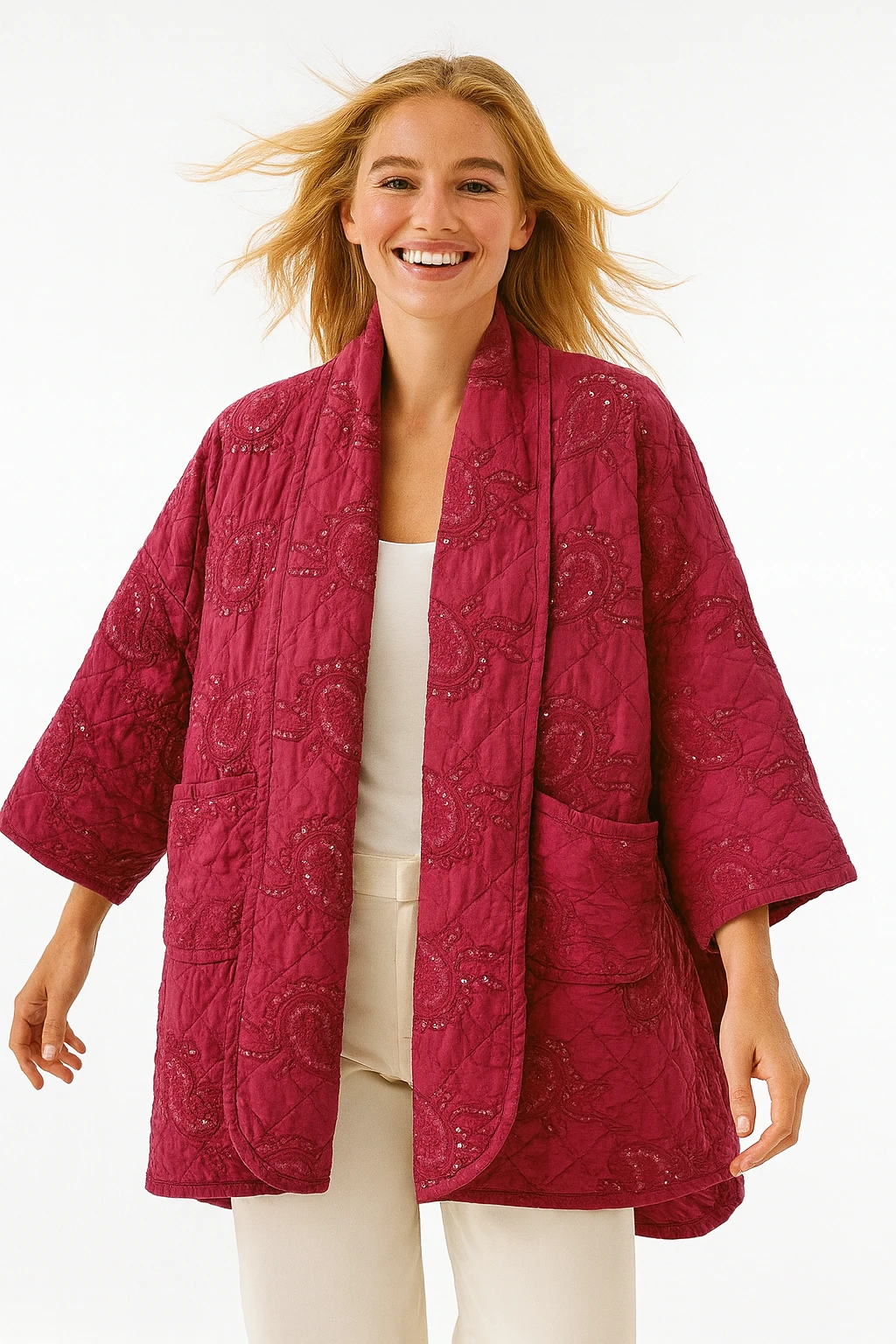 İtalyan Nakışlı Pul Payetli Kapitone Ceket - FUŞYA