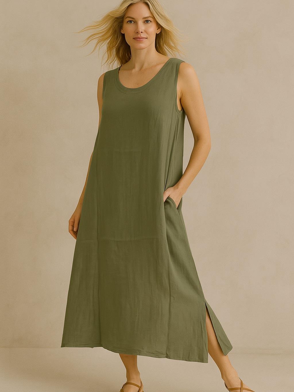 İtalyan Keten Elbise - HAKİ