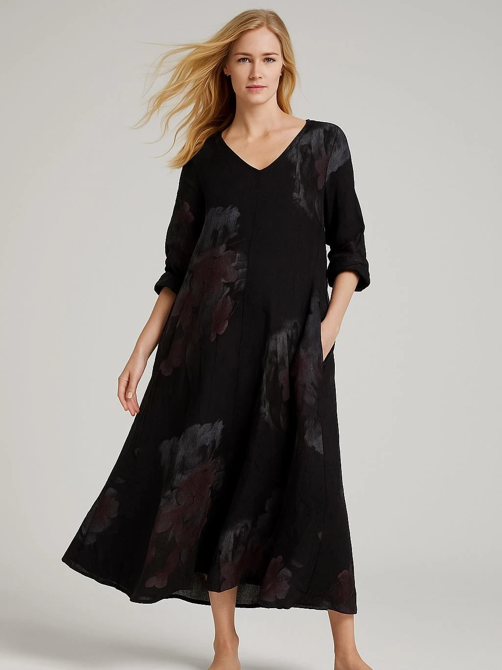 İtalyan Çiçek Desenli Keten Elbise - SİYAH