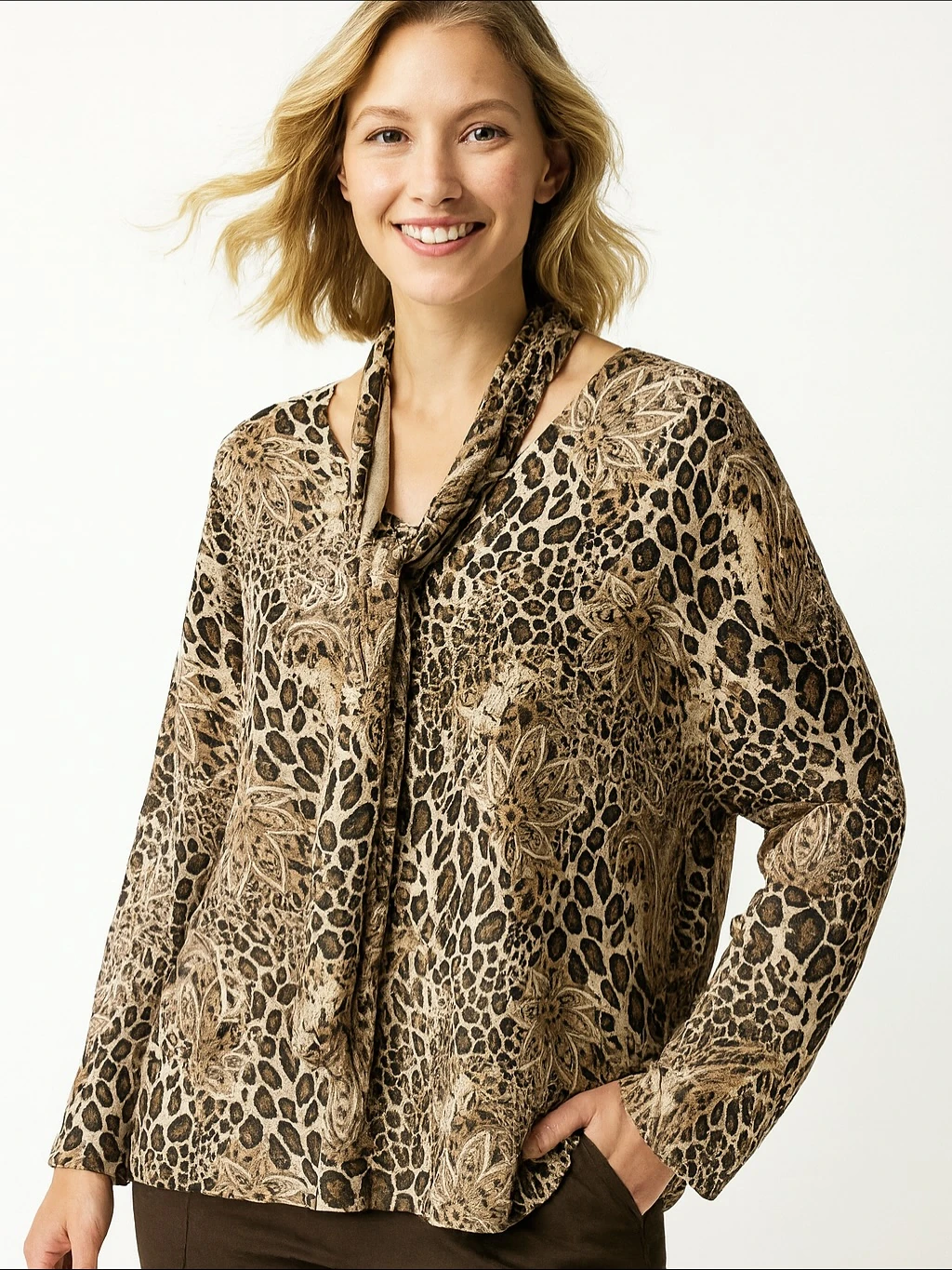 İtalyan Fularlı Likralı Triko Bluz - VİZON