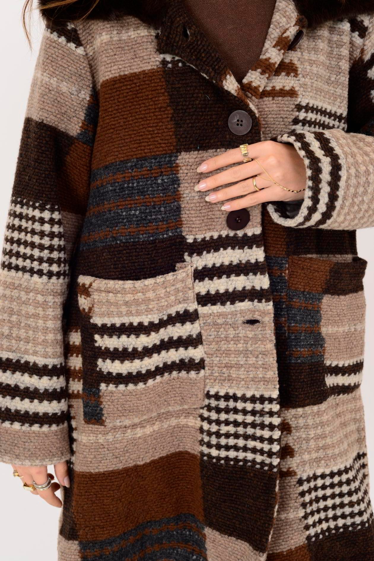 İtalyan Oduncu Desen Kürk Detaylı Keçe Kaban - VİZON