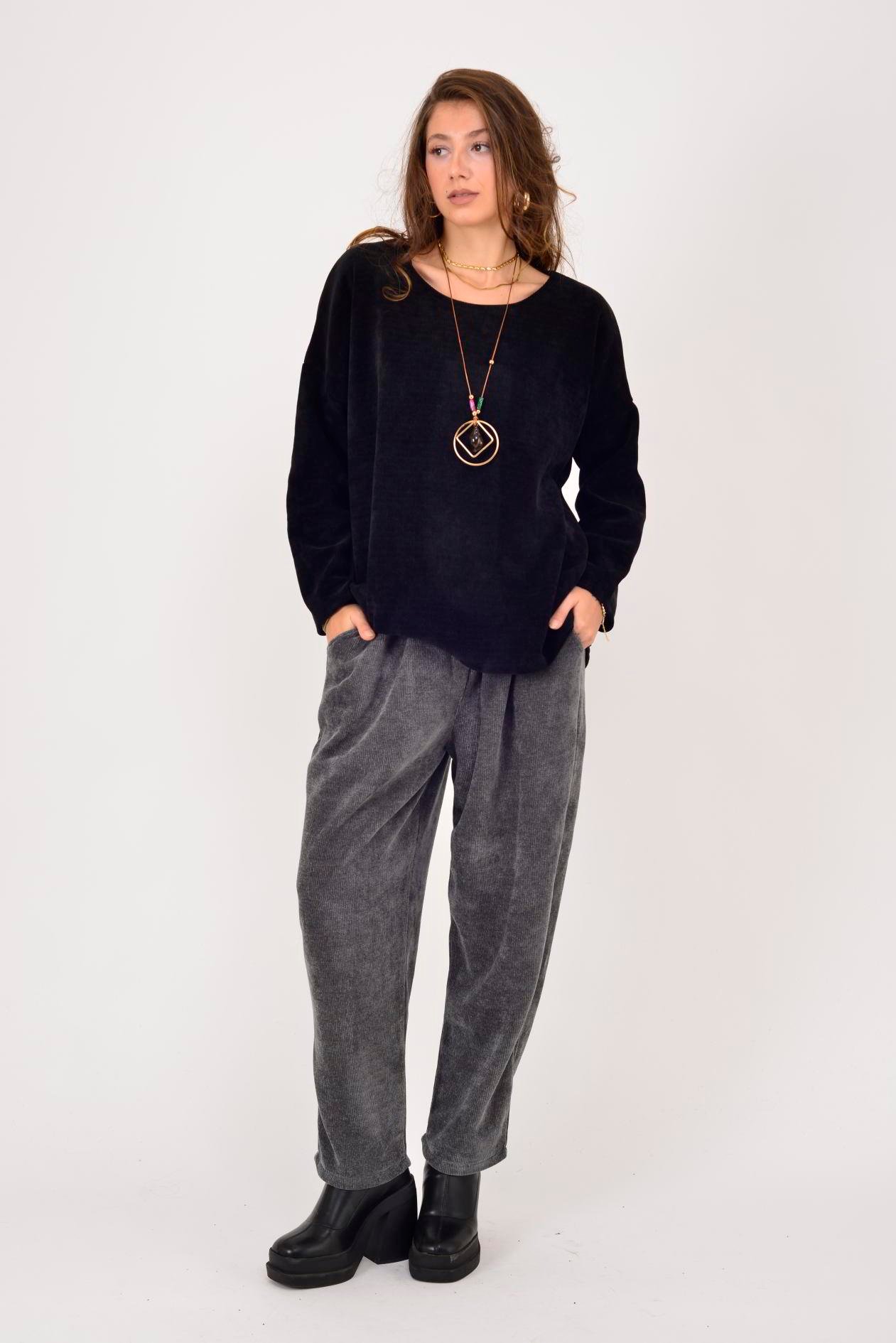 İtalyan Cep Detaylı Fitilli Kadife Pantolon - GRİ