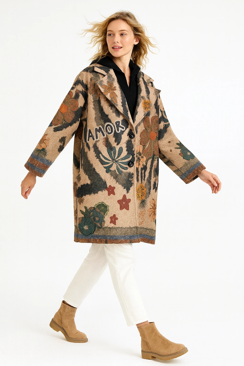 İtalyan Çiçek Desenli Kapüşonlu Keçe Kaban - BEJ