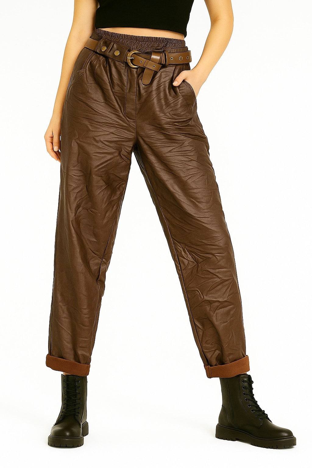 İtalyan Kemerli Deri Pantolon - KAHVERENGİ