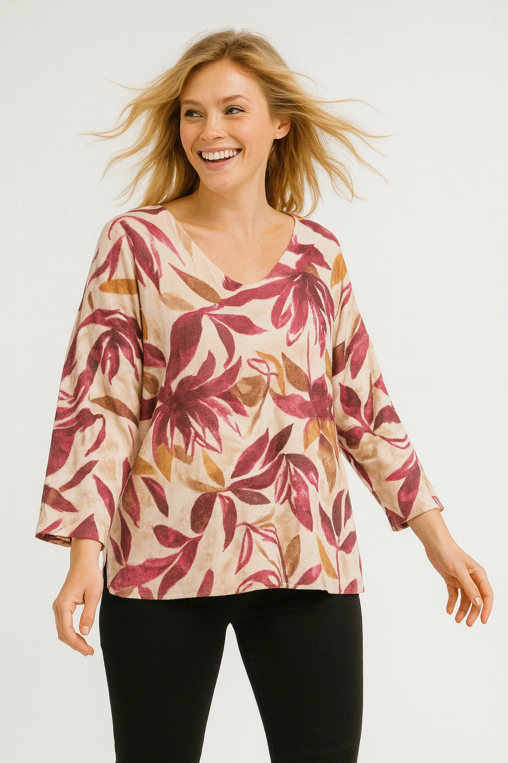 İtalyan Yaprak Desen Triko Bluz - KIRMIZI