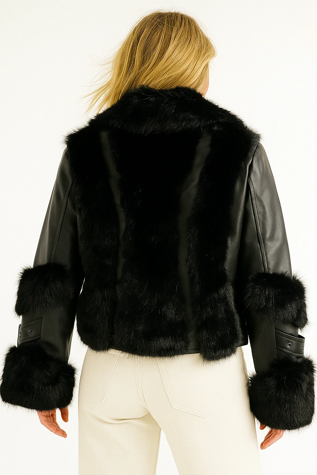 İtalyan Kürk Detaylı Deri Ceket - SİYAH