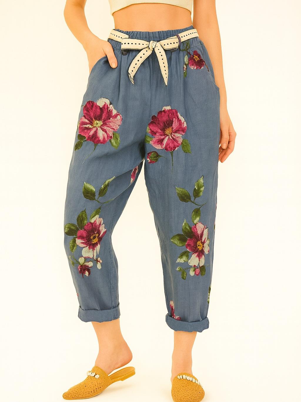 İtalyan Çiçek Desenli Havuç Keten Pantolon - MAVİ