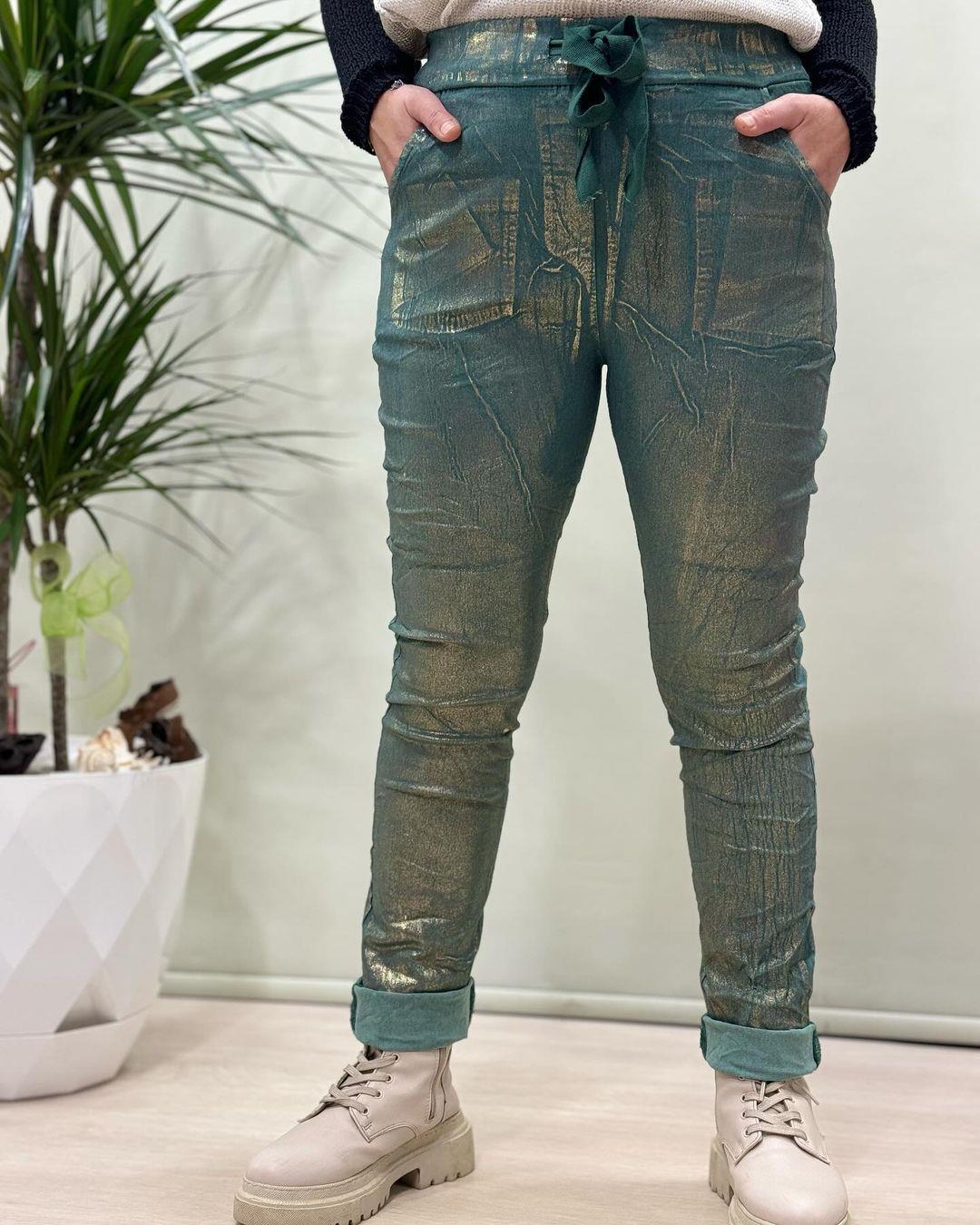 İtalyan Varak Baskılı Likralı Pantolon - SU YEŞİLİ