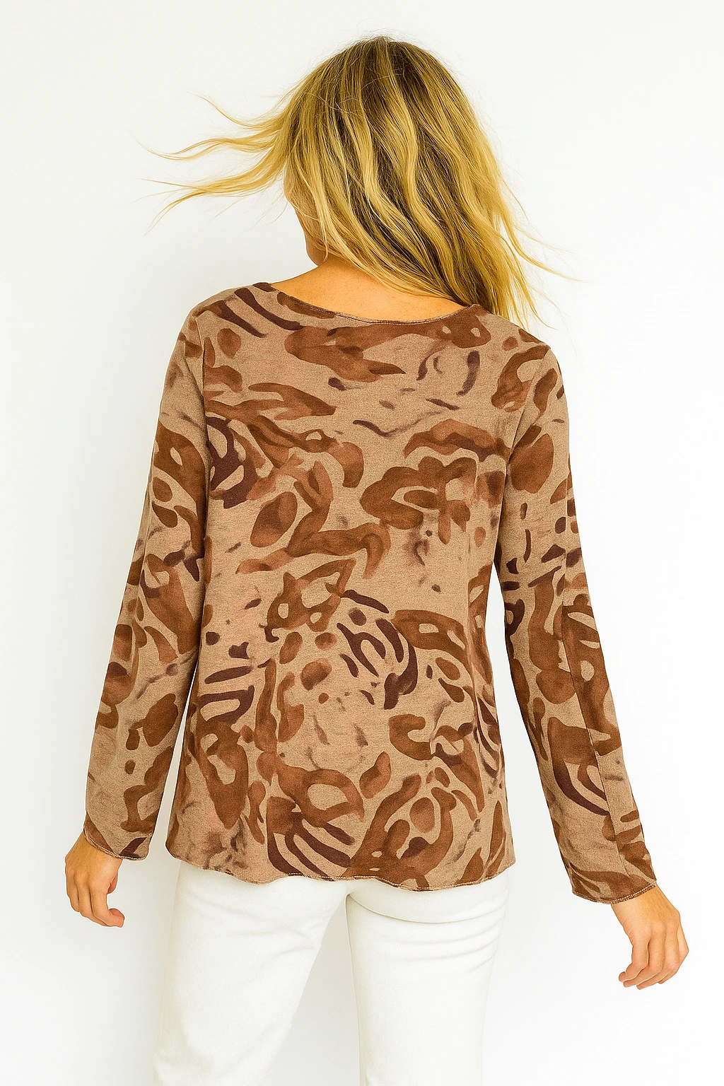 İtalyan Desenli Triko Bluz - KAHVE