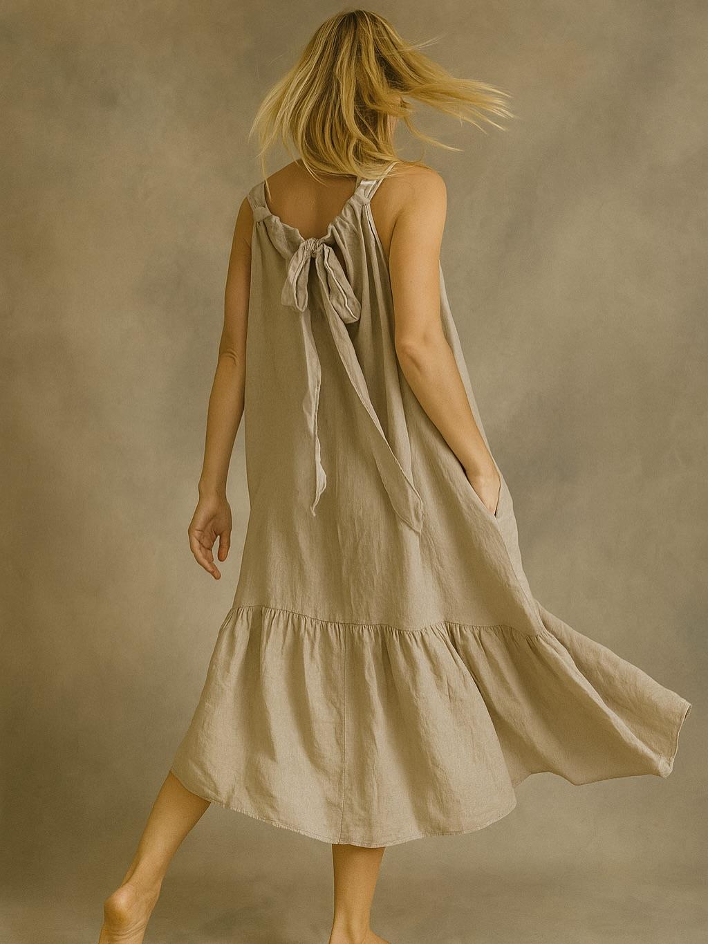 İtalyan Sırttan Bağlamalı Keten Elbise - BEJ