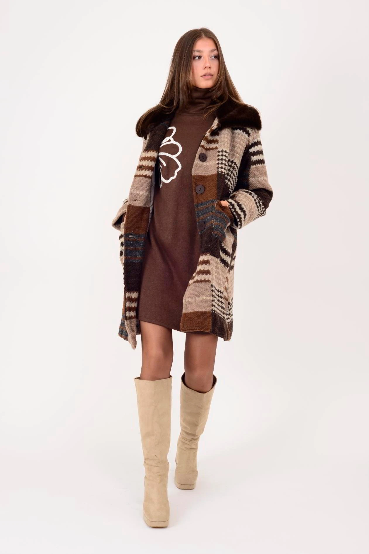 İtalyan Oduncu Desen Kürk Detaylı Keçe Kaban - VİZON