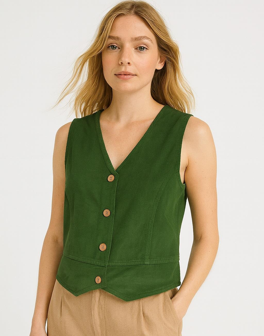 italyan Kısa Kadife Yelek - YEŞİL