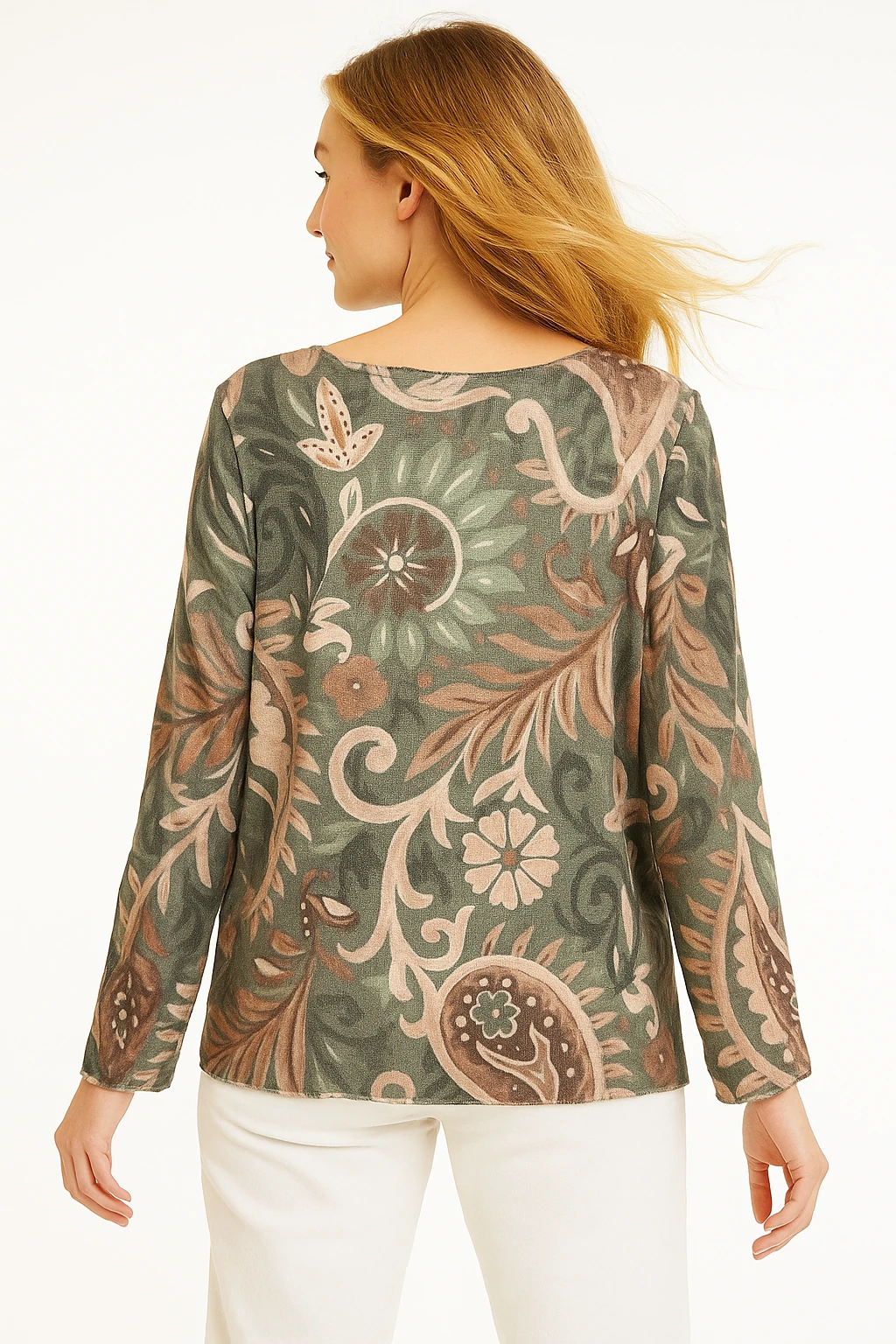 İtalyan Yaprak Desenli Geniş Yaka Triko Bluz - HAKİ