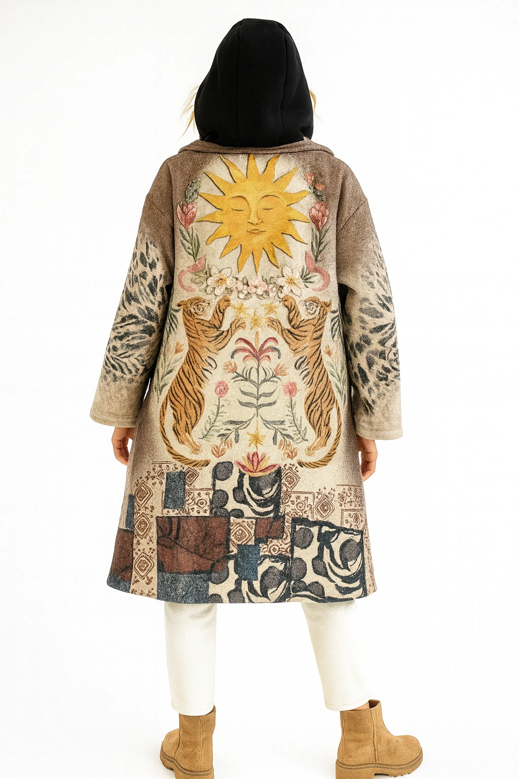 İtalyan Leopar Desenli Kapüşonlu Keçe Kaban - BEJ