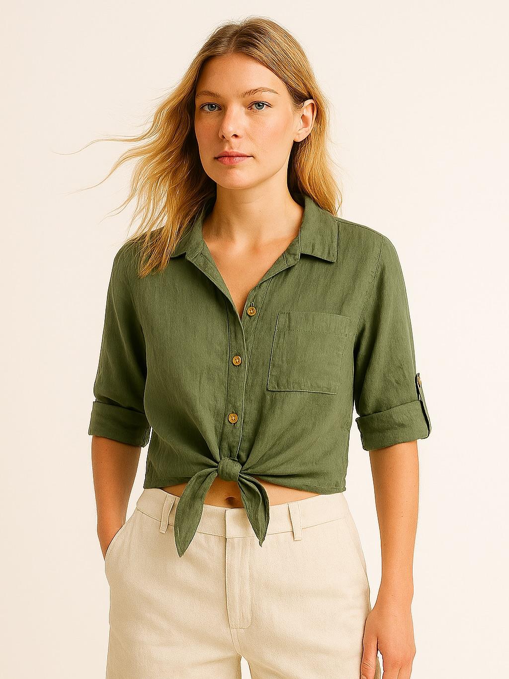 İtalyan Keten Gömlek - HAKİ