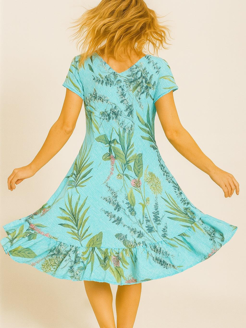 İtalyan Pamuk Keten Elbise - SU YEŞİLİ