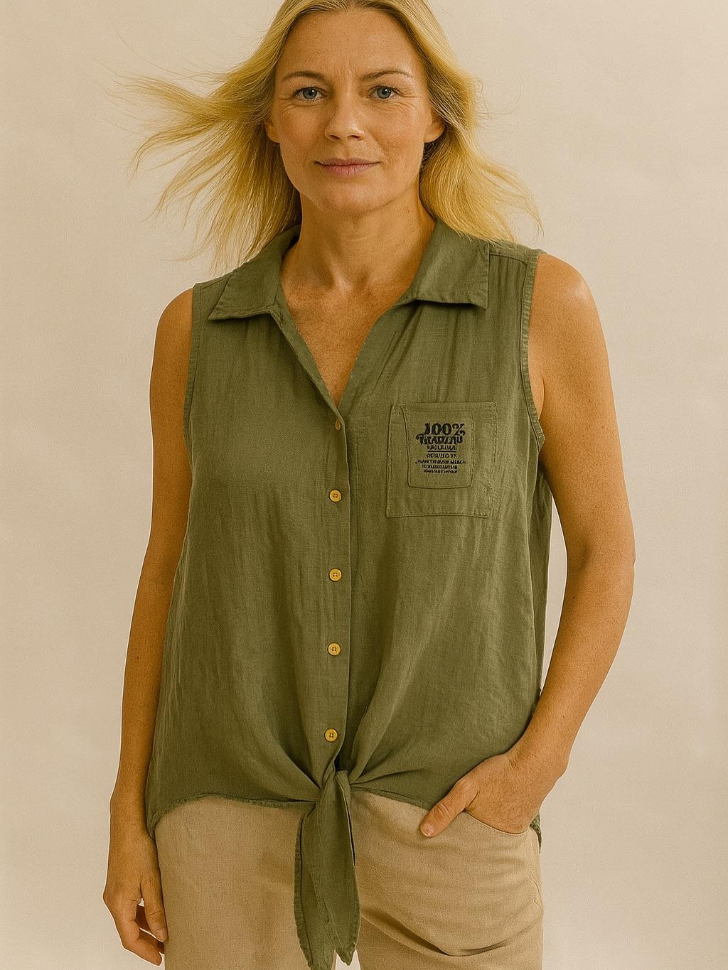 İtalyan Önden Bağlamalı Kolsuz Keten Gömlek - HAKİ